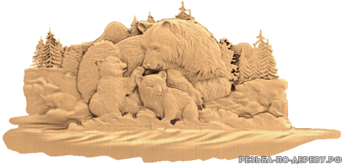 Резное панно Медвежья семья  из дерева